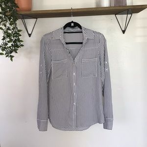 Black and White Striped Button Up Long Sleeve